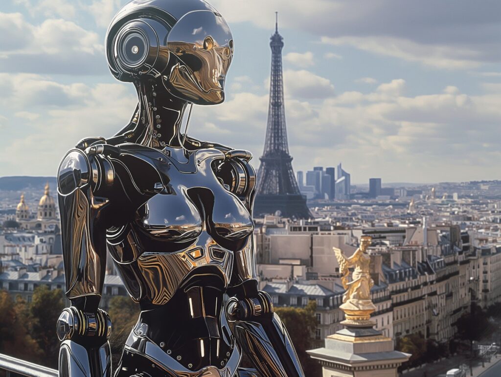 Robot humanoid overlooking the eifle tower in Paris