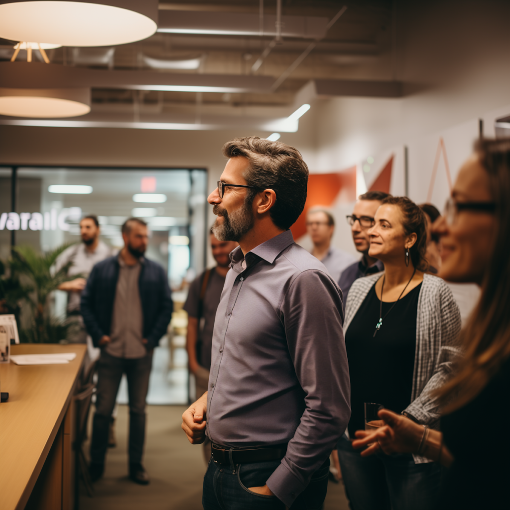 This image shows a workplace setting of a group of people listening to someone speaking
