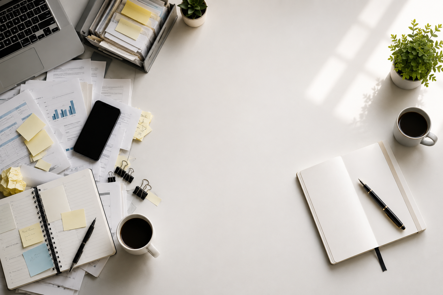 A minimalist workspace showing a transition from busy administrative work to open creative thinking, symbolizing AI productivity and reclaiming time.