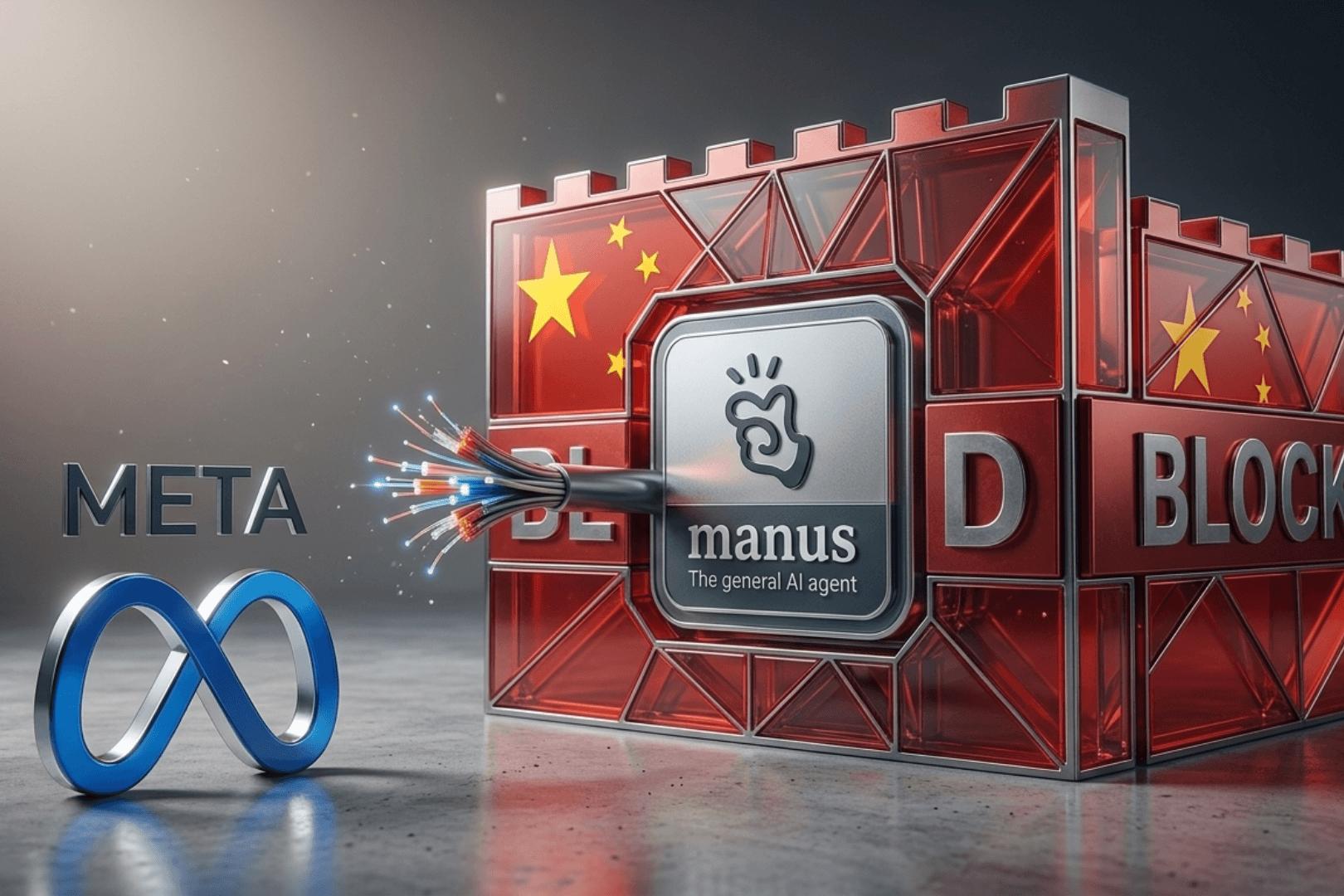 Manus + Meta image — particularly relevant to your angle because the key event wasn't simply "Manus was shut down." China blocked Meta's acquisition of Manus and ordered the transaction to be unwound in April 2026.